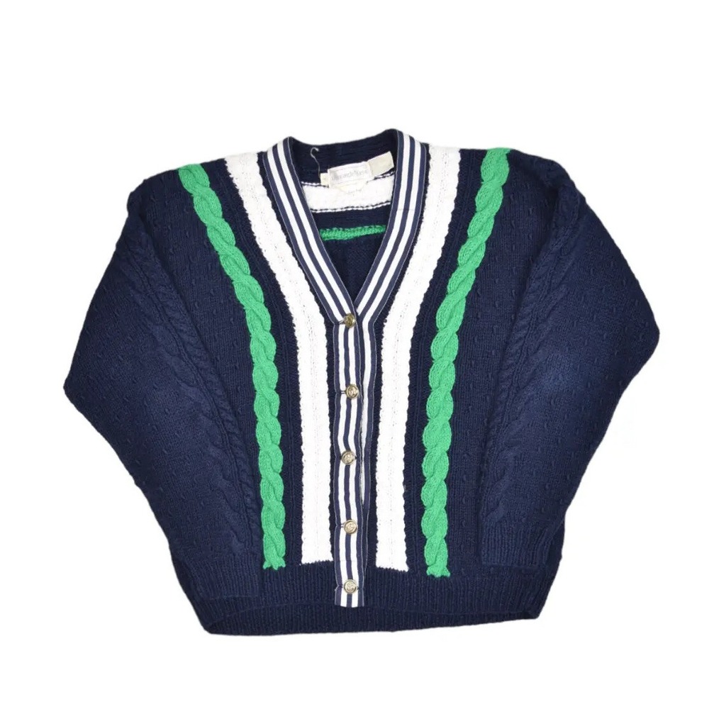 Vintage Eagles Eye Sweater Womens M Cable Knit Cardigan Tennis Ramie Navy Blue